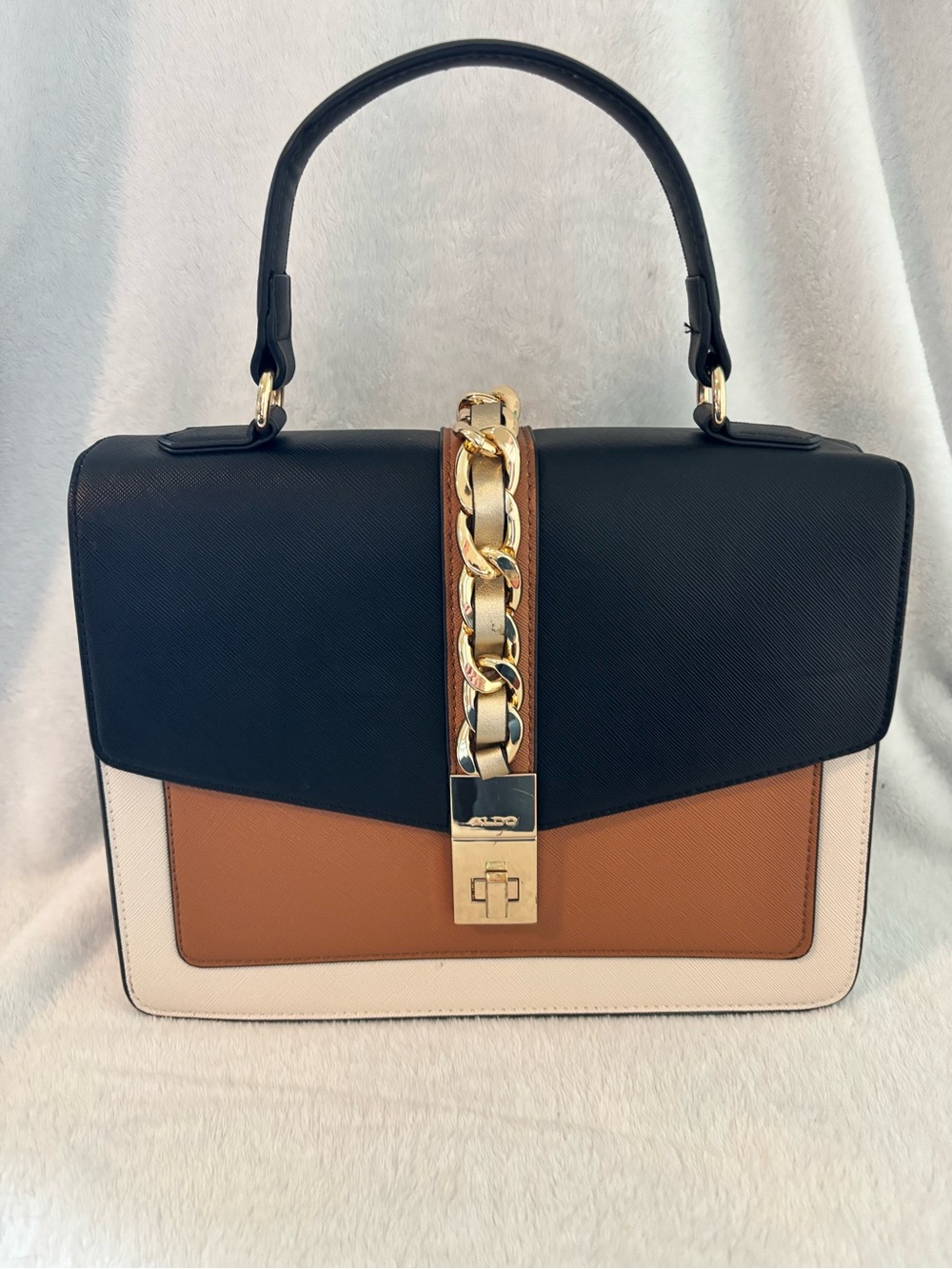 Black, Tan & Cream Structured Top-Handle Satchel